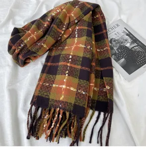 Detail view of the winter plaid cashmere imitation scarf, featuring warm tones and tassels.