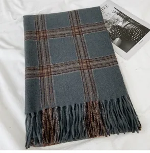 Cozy winter plaid scarf for women, thick warm long tassel shawl with classic grey and brown pattern.