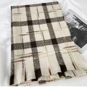 Classic plaid winter scarf detail, cozy thick warmth long shawl wrap for women and men.