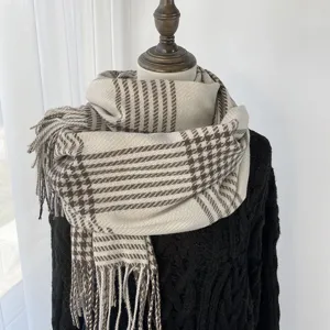 Damen Winter Warmer Hahnentritt Schal Mode Lässig Weicher Polyester Fransen Quaste Langer Schal Umhang Für Kaltes Wetter