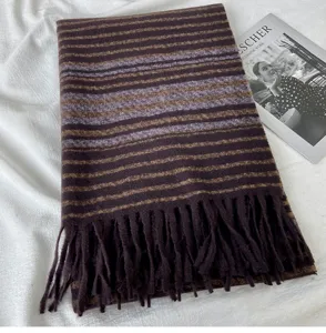 Women autumn winter warm striped tassel scarf soft imitation cashmere shawl daily neckwear