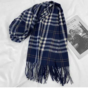 Classic blue plaid cashmere-like scarf for women, British style warm winter shawl.