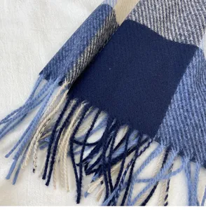 Classic blue plaid winter scarf with cozy fringe, thick warm long wrap for women.