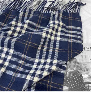 Classic navy blue plaid scarf with fringe, soft winter warm tartan neckerchief for men and women.