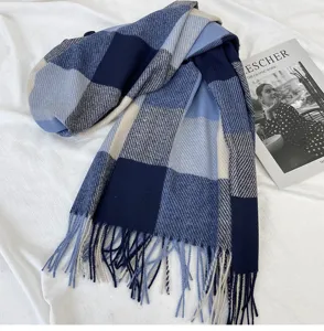 Blue and beige plaid winter scarf with tassel fringe, thick warm long fashion neck wrap detail