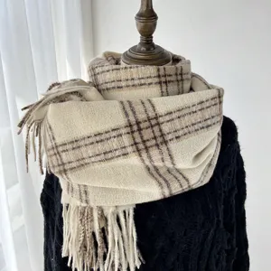 Classic plaid winter scarf with fringe, soft warm long shawl for women and daily wear.
