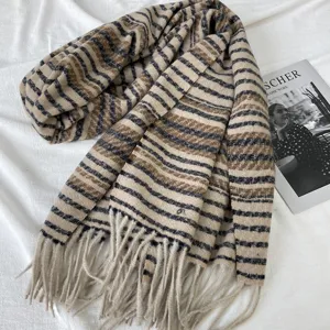 Cozy autumn winter striped cashmere feel tassel scarf women warm fashion retro shawl wrap
