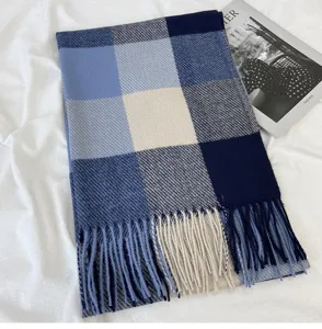 Blue plaid winter scarf with fringe, thick warm knitted long shawl for women and men.
