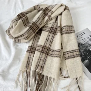 Cozy winter plaid scarf for women, thick warm long tassel shawl and versatile neck wrap.