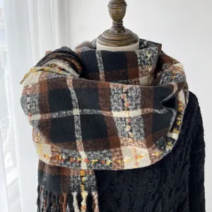 Winter plaid cashmere feel scarf for women, thick warm blanket shawl with fringe details.