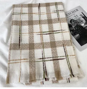 Cozy thick winter plaid scarf and vintage shawl for women, warm tartan tassel neck warmer.
