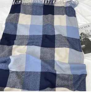 Thickened blue plaid winter scarf with cozy tassels, soft long shawl for women and daily wear.