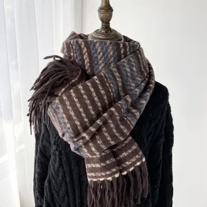 Women autumn winter thick warm tassel scarf brown striped imitation cashmere shawl soft cozy