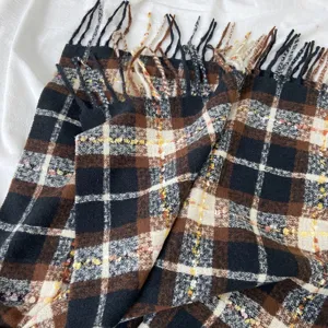 Cozy winter plaid scarf for women, thick warm imitation cashmere tassel shawl for cold weather.