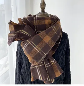 Winter thick warm brown plaid scarf retro long tassel shawl for women and men cozy neckerchief