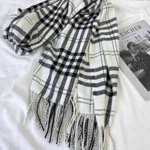 Classic black and white plaid scarf for women autumn winter cozy soft tassel shawl