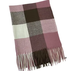 Winter warm plaid tassel scarf for women, thick cozy long shawl wrap in stylish pink and brown.