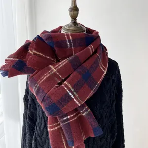 Winter warm plaid scarf for women, thick long shawl and cozy retro couple neck warmer.