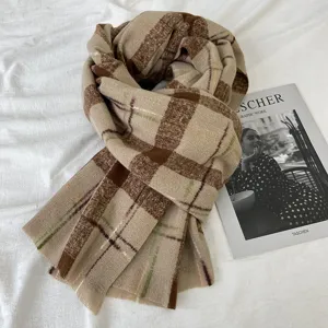 Cozy winter plaid scarf in beige and brown, thick warm long shawl for women and couples.