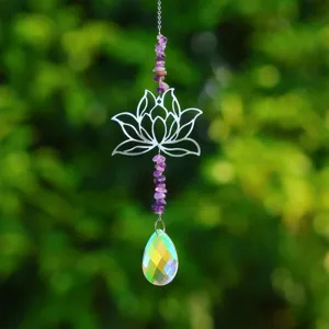 Metall Lotus Amethyst Splitter Kristall Sonnenfaenger Haengend Dekoration fuer Haus Garten.