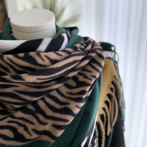 Women's autumn winter cashmere-feel scarf zebra print fringe warm cozy shawl wrap