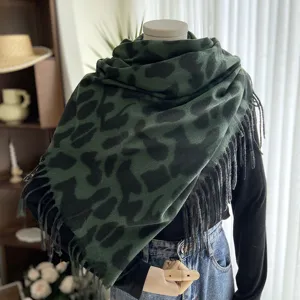 Winter green leopard print cashmere feel fringe scarf stylish warm women shawl cape