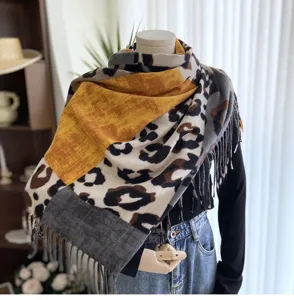 Women autumn winter imitation cashmere color block leopard print fringe shawl warm scarf.