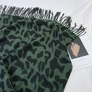 Winter women's cashmere feel scarf dark green leopard print tassel warm fashion shawl