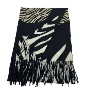 Women casual cashmere feel zebra print winter scarf fashion tassel warm shawl neckerchief