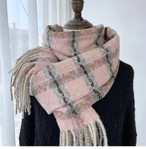 Cozy winter plaid scarf for women, soft imitation cashmere warm neck wrap with tassels.