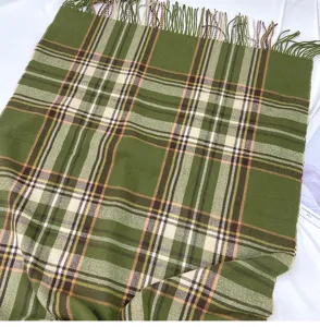 Winter green plaid imitation cashmere scarf with tassel detail, soft warm retro shawl.