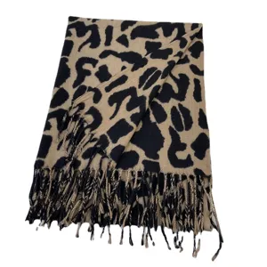 Women winter imitation cashmere leopard print scarf with stylish fringe, warm and cozy daily wear.