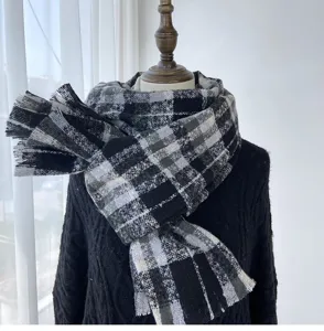 Winter soft plaid scarf for women, classic black and grey check pattern with fringe.