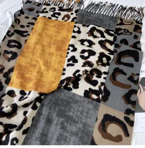 Women cashmere feel color block leopard print scarf winter warm fringe shawl fashion neck wrap