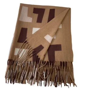 Women autumn winter warm tassel scarf, classic geometric print imitation cashmere shawl.