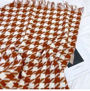 Brown white houndstooth scarf detail close up, soft imitation cashmere tassel shawl
