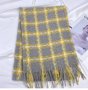Autumn winter gray yellow plaid scarf for women men, soft warm tassel shawl wrap design.