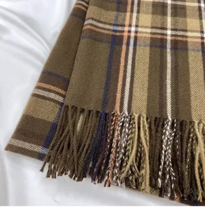 Winter warm plaid tassel scarf vintage green brown cashmere feel ladies cozy fashion neck wrap