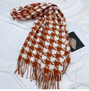 Orange white houndstooth scarf for women, warm winter imitation cashmere tassel shawl neckerchief.