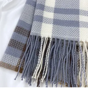 Cozy winter plaid fringe scarf for women, warm imitation cashmere shawl wrap accessory.