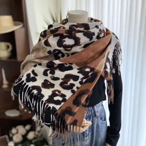 Women Autumn Winter Imitation Cashmere Leopard Print Colorblock Tassel Scarf Fashion Warm Shawl
