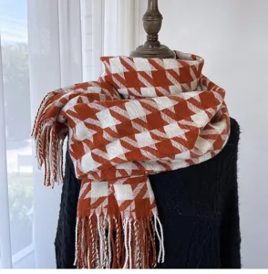 Classic orange white houndstooth scarf for women, cozy winter warm tassel wrap shawl style.