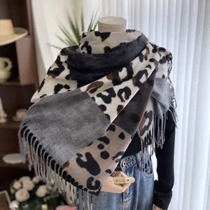 Women autumn winter imitation cashmere colorblock leopard print fringe scarf warm shawl wrap