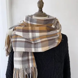 Winter women plaid tassel cashmere feel scarf warm fashion casual daily wear accessory