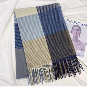 Autumn winter plaid scarf imitation cashmere tassel cozy soft warm fashion neck wrap accessory