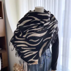 Women Winter Warm Imitation Cashmere Scarf Fashion Stripe Print Tassel Long Shawl Casual Daily Accessories