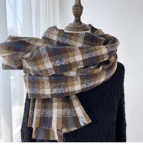 Detail view of women winter retro plaid scarf soft cashmere feel shawl cozy neckerchief
