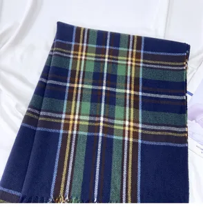 Classic plaid blanket scarf with fringe hem, warm soft winter tartan wrap for women.