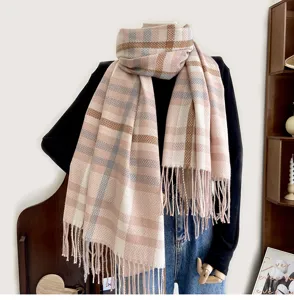 Winter pink plaid cashmere-feel scarf with fringe, cozy warm women winter fashion accessory.