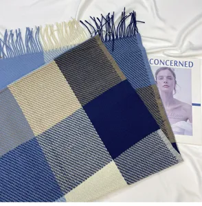 Women autumn winter colorblock checkered knit scarf with tassels soft cozy warm neck wrap
